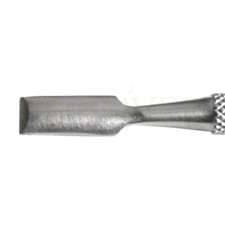 Cuticle pusher with a square tip and a pointed tip.