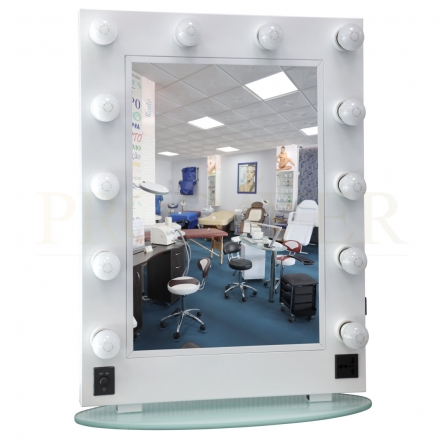 Espelho de maquilhagem com luzes Espelho de Hollywood com 12 lâmpadas. Espelho branco com luzes, ligação elétrica no espelho. Base de vidro