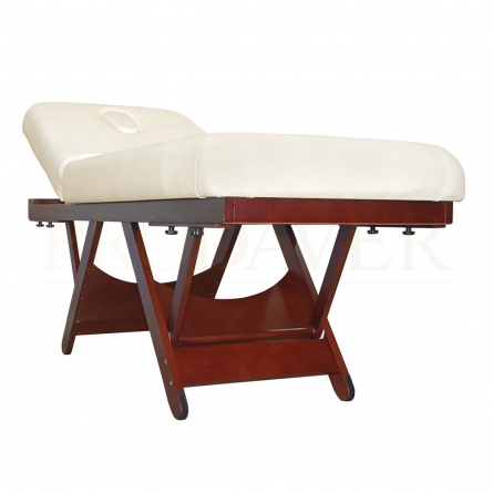 2-body couch, hole and hole cover cushion. It has 2 support bars, a lock for the couch's leg position and is height-adjustable. Cream colour.