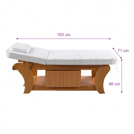 2-body massage bed, hole and hole cover cushion. Fixed in height. white colour, with inferior cabnet