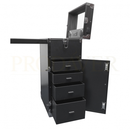 Mesa com espelho, tomada PEN, USB, tomada para telemóvel, regulador de som e tomada de entrada para cartão de memória